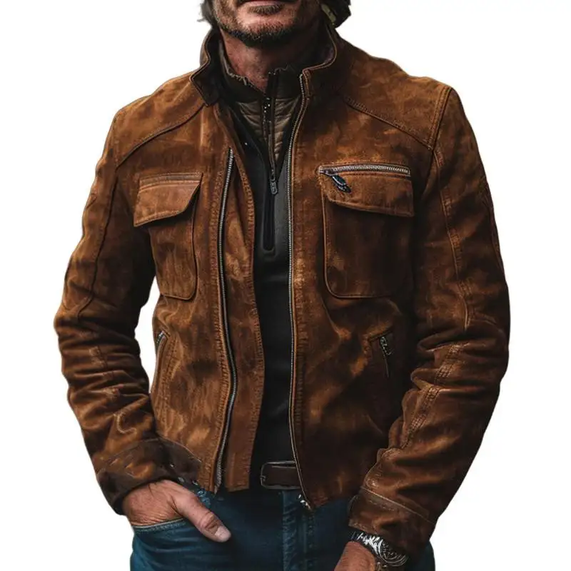Band Collar Utility Suede Jacket