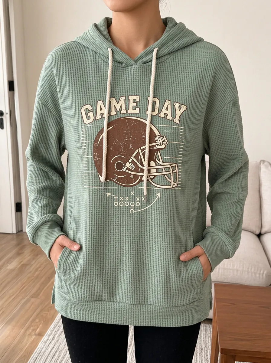 Women's Stadium Football Fan Game Day Helmet Printed Waffle Hoodie