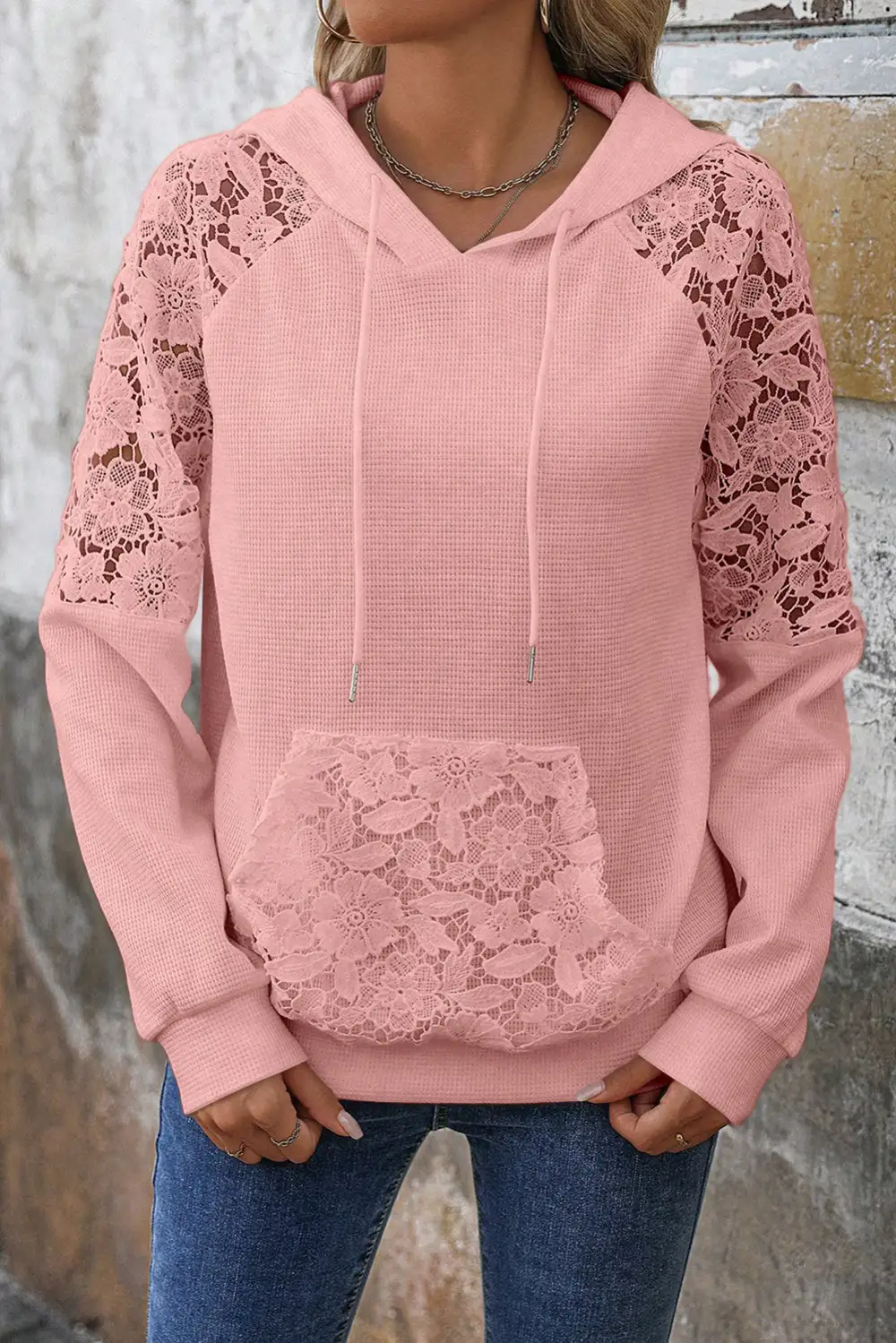 Kangaroo-Pocket Raglan-Sleeve Waffle-Textured Patchwork Hoodie