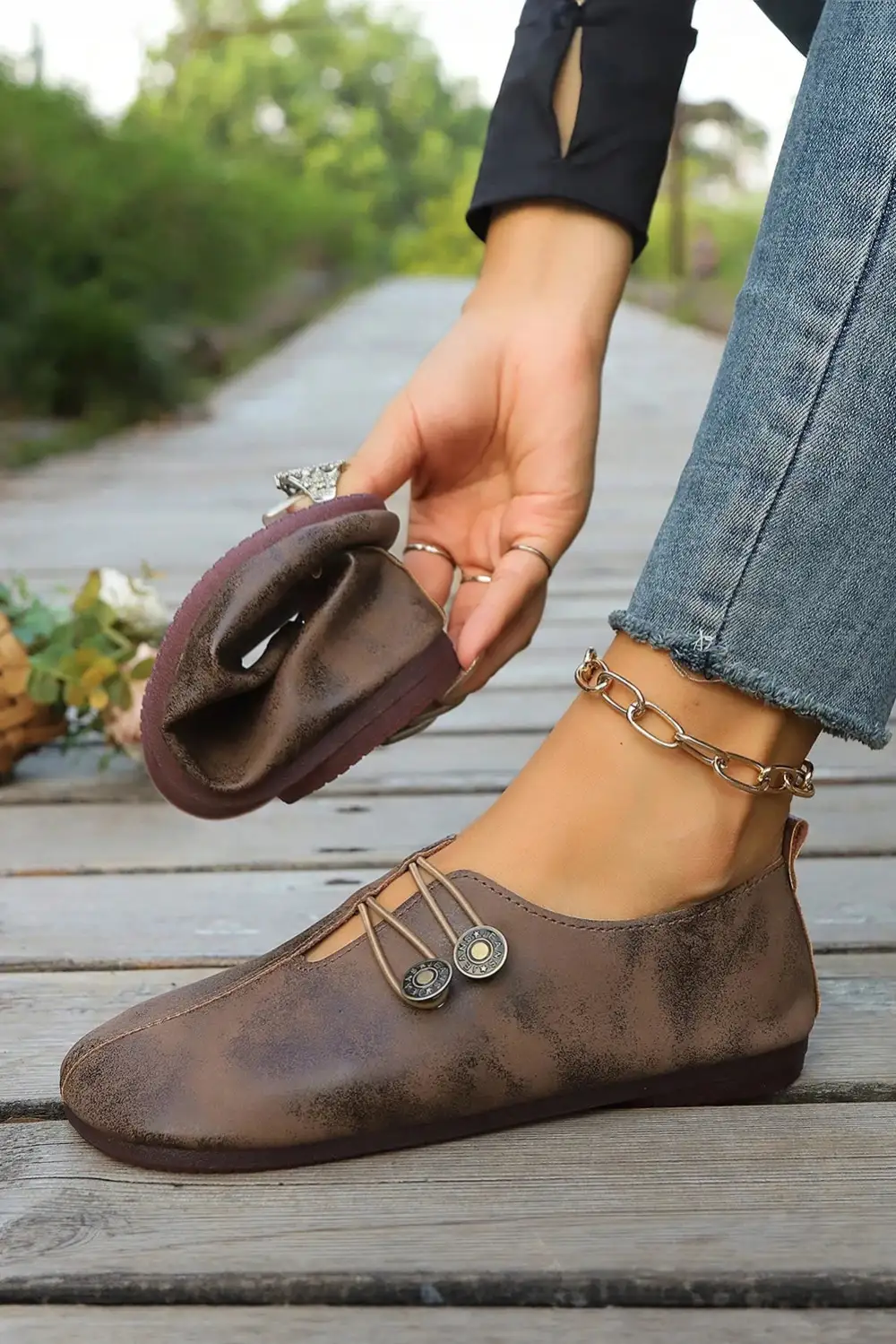 Vintage Button Detail Faux Leather Loafer Shoes