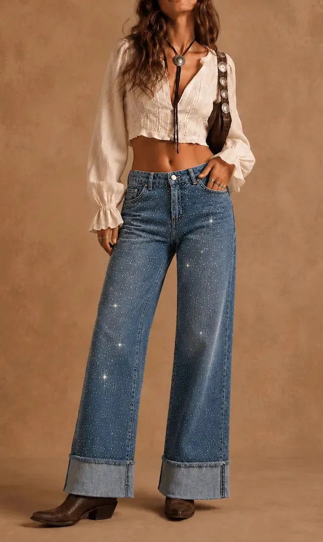 Rhinestone Detail Wide Leg Cuffed Low Rise Western Style Denim Jeans
