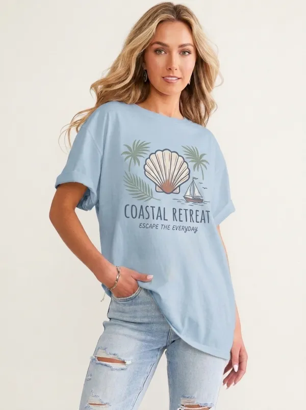 Women's Coastal Beach Lover Seashell Sailboat Printed T-shirt