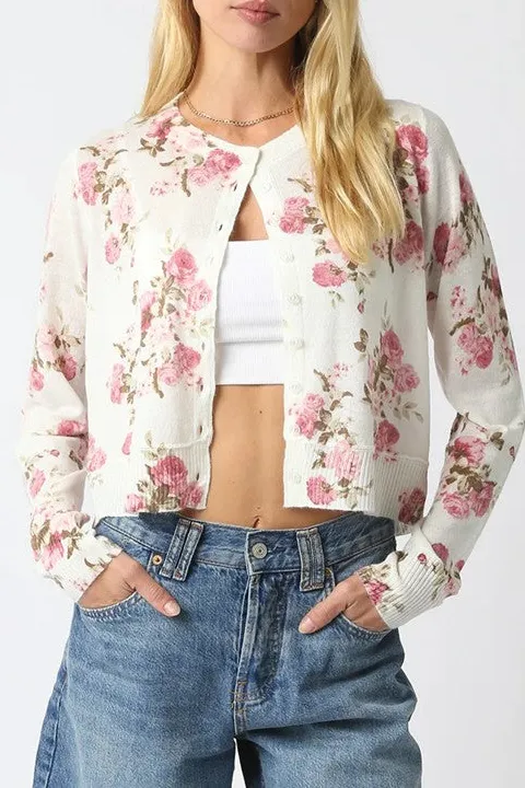 Floral Print Button-Front Knit Cardigan