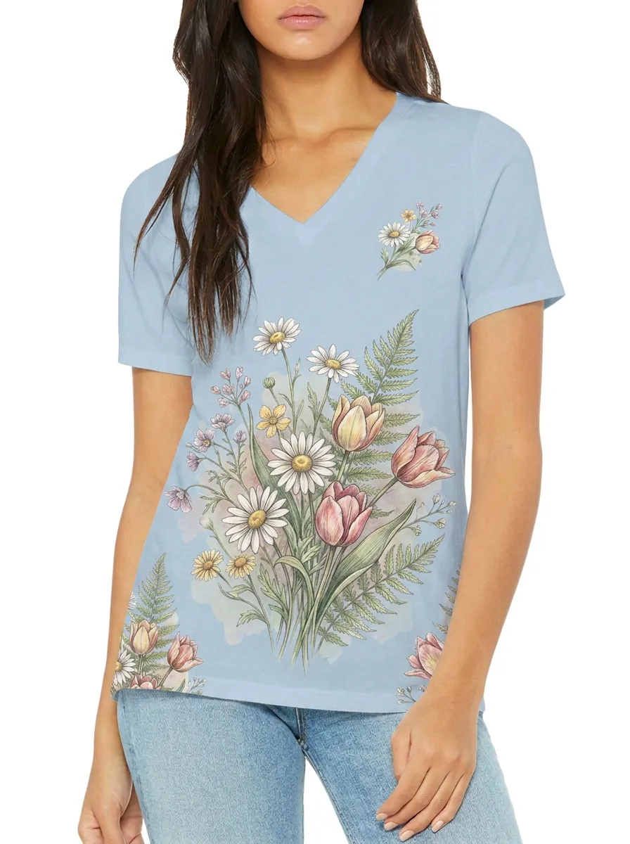 Women's Botanical Nature Lover Daisy Tulip Fern Printed V-neck T-shirt