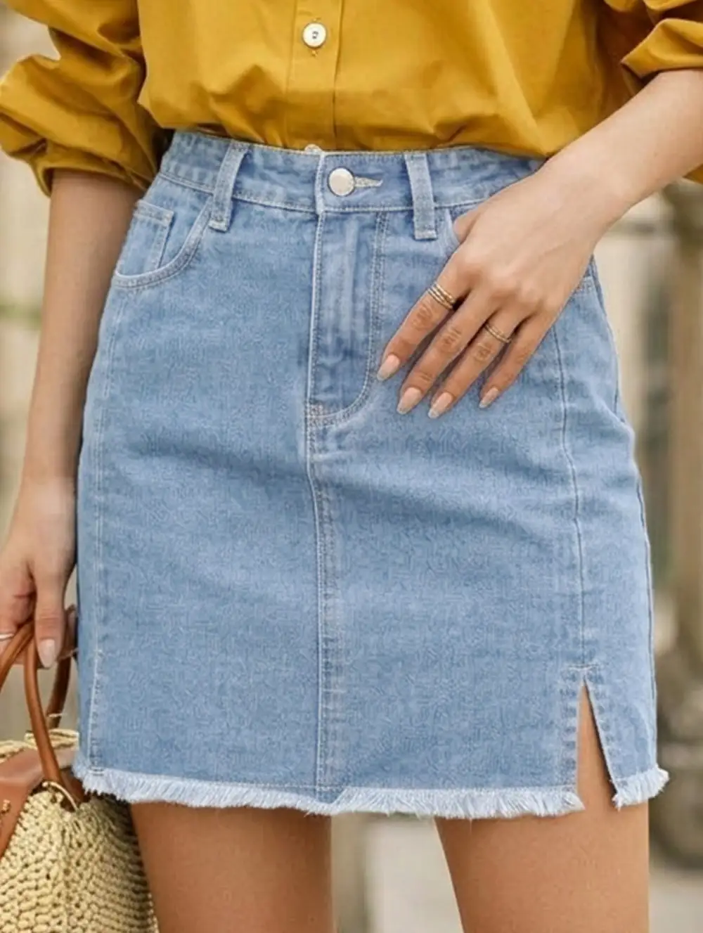 Denim Washed Slit Hem Mini Skirt