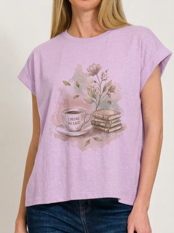 Women's Coffee Book Lover Floral L'Heure Du Café Printed T-shirt