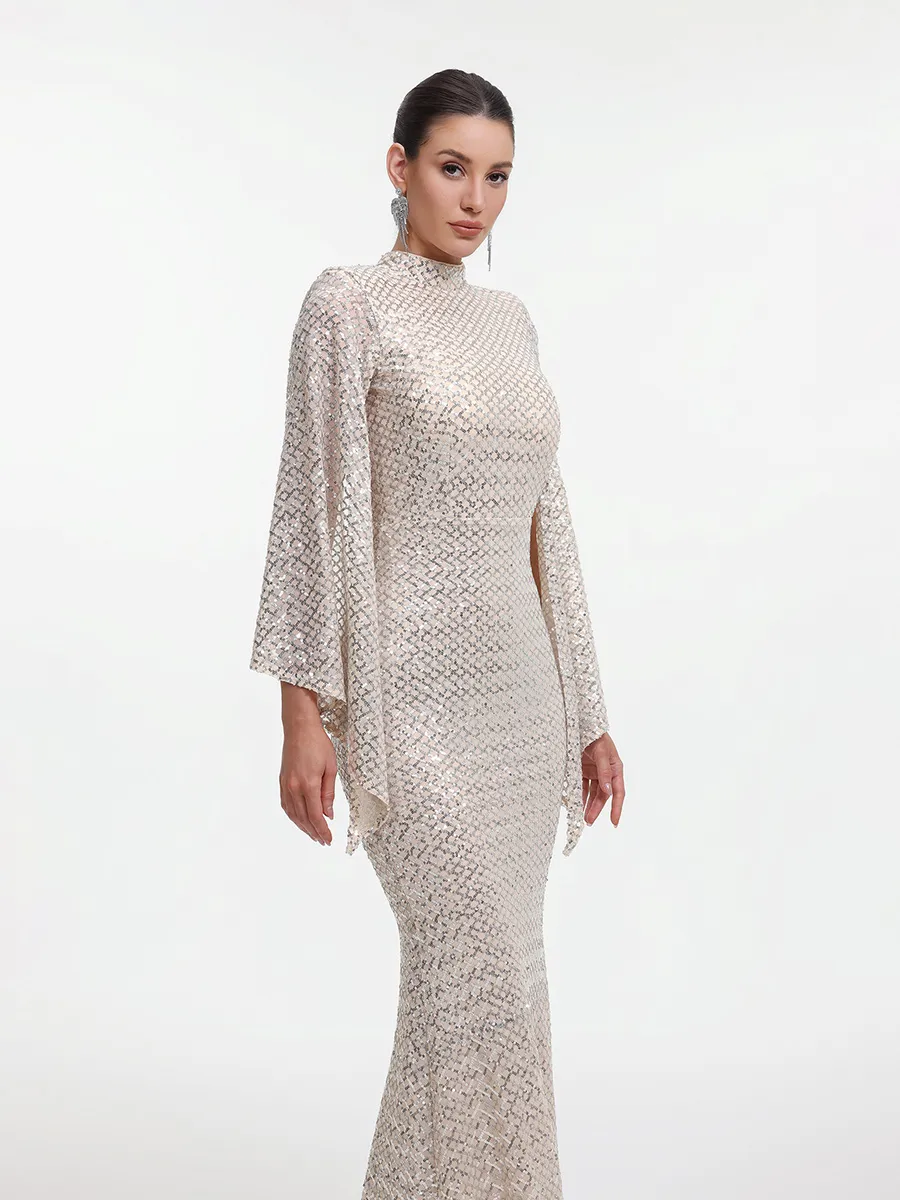 Marcella Contour Cape Sleeve Sequin Maxi Dress