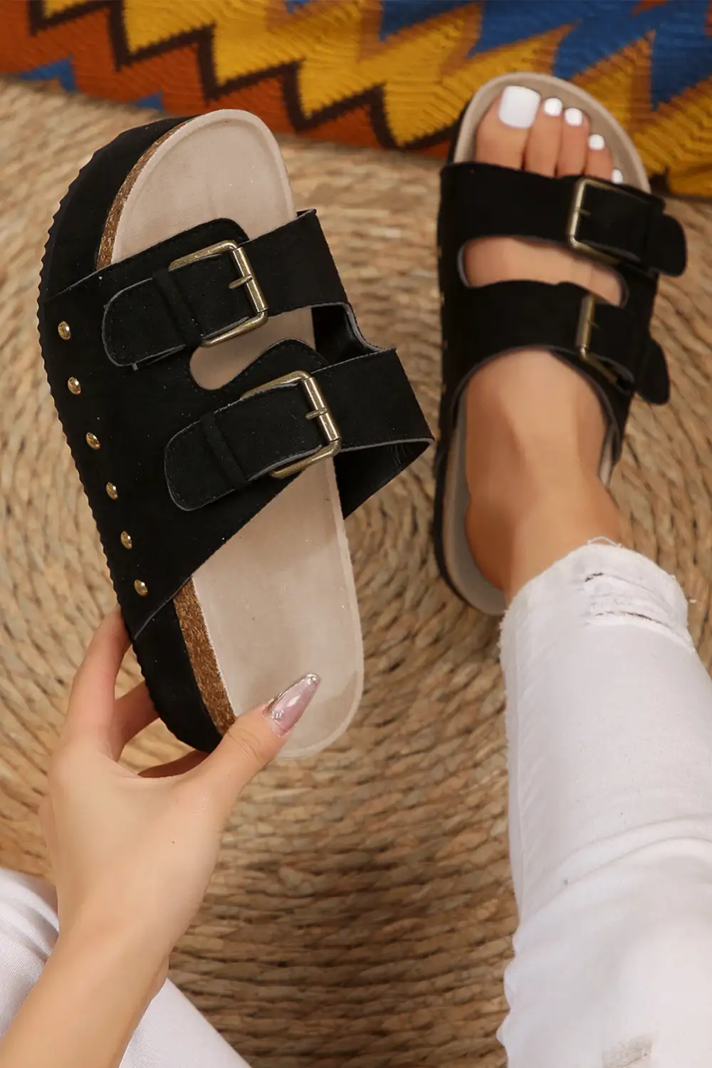 Suede Buckle Footbed Sandals