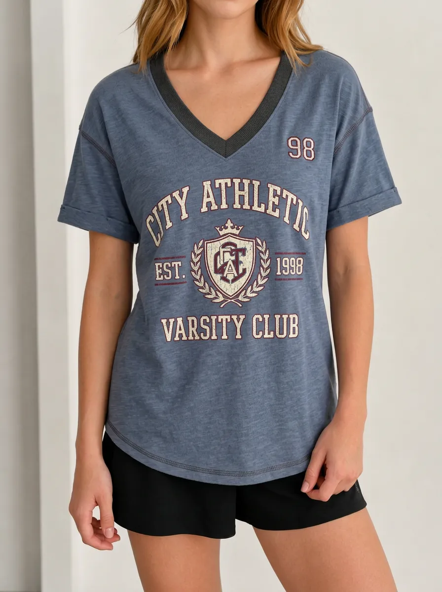Women's City Athletic Varsity Club Shield Printed V-Neck T-Shirt