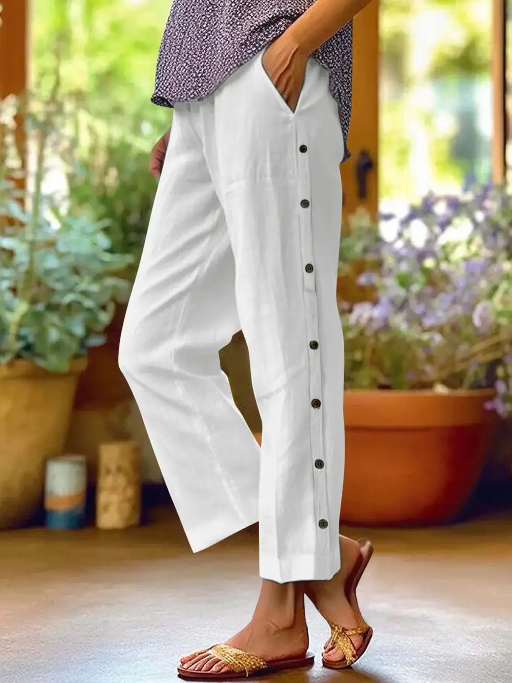 Full Size Side Decor Button Wide Leg Pants Plus Size