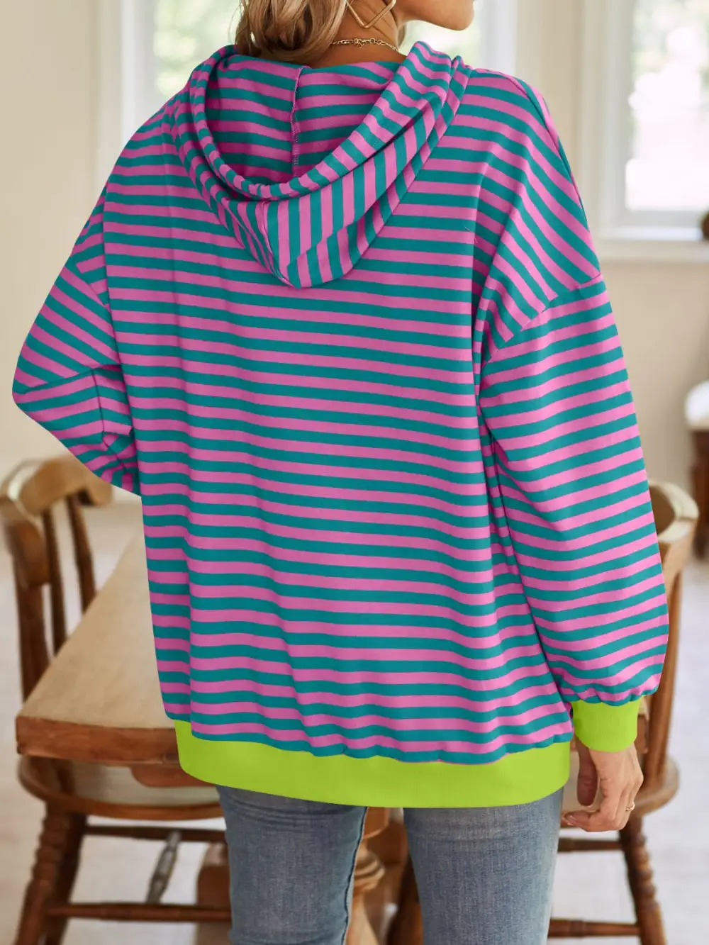 Drawstring Long-Sleeve Striped Hoodie