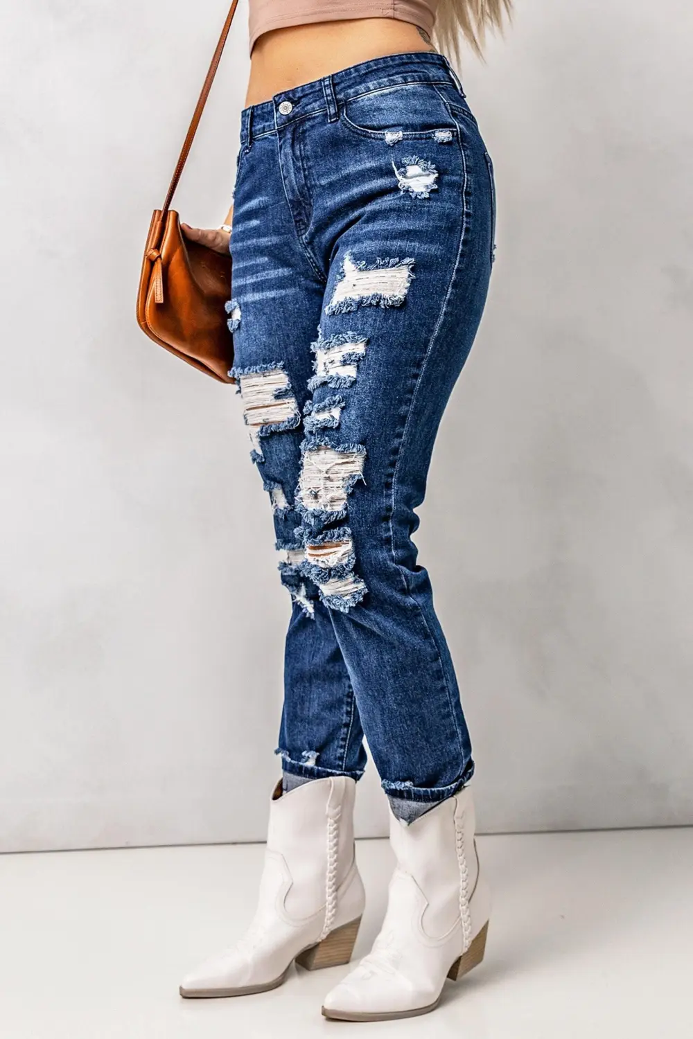 Distressed High Waist Jeans Pocket Shoes