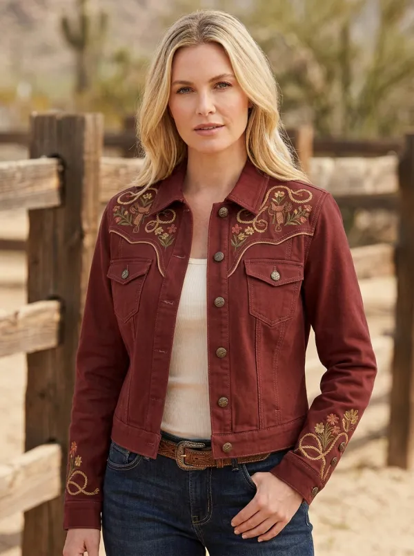 Women's Western Cowgirl Saddle Floral Embroidery Floral Embroidered Denim Jacket