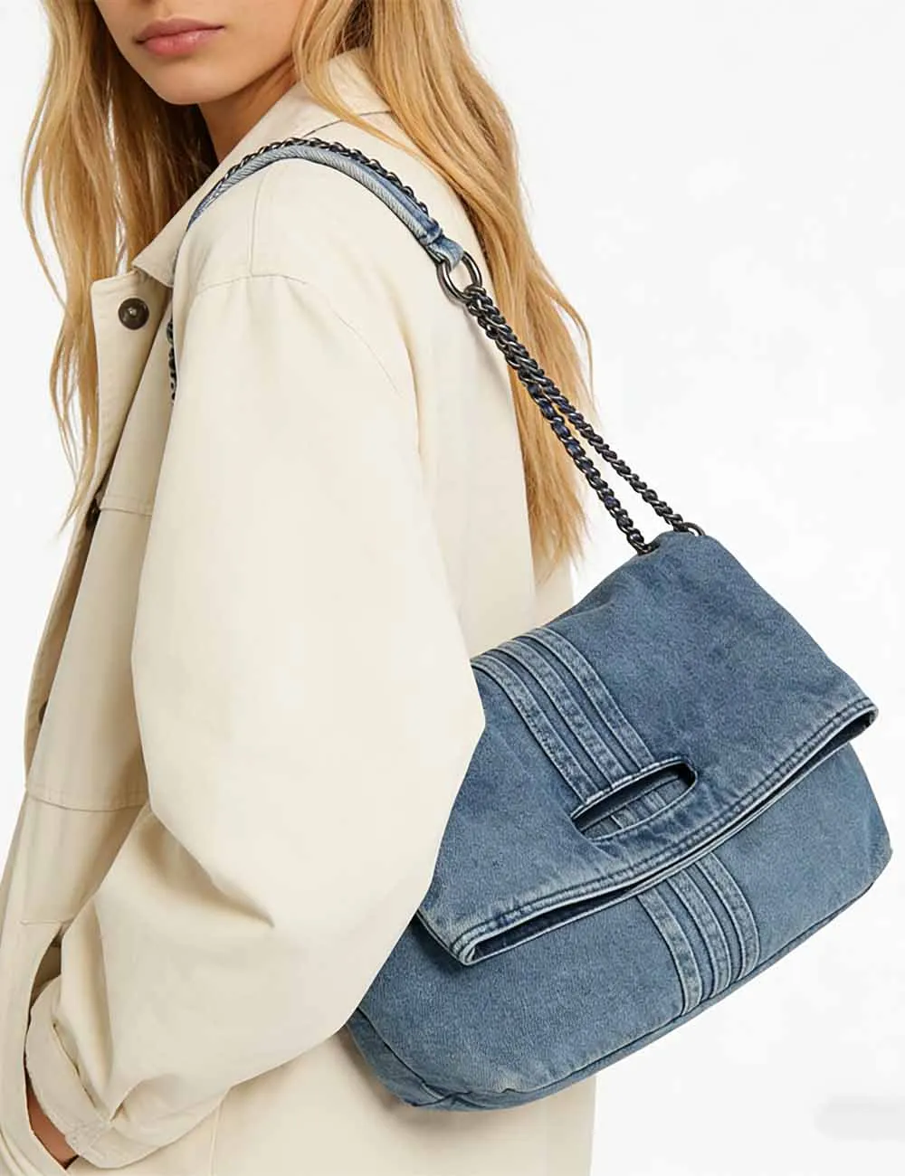 Denim Double Chain Shoulder Tote Bag