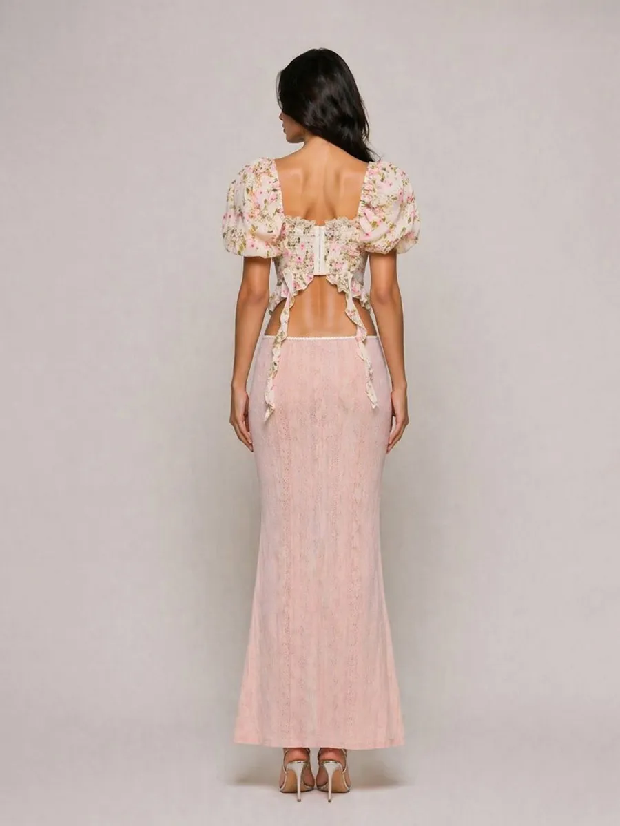 Iliana French-Style Floral Chiffon Top with Square Neckline and Tie Detail