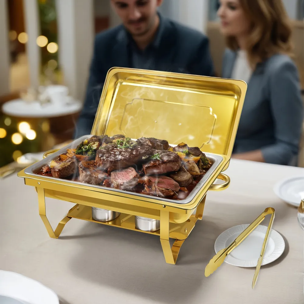 Versatile Gold Chafing Dish Set with Lids and Tongs, Home and Commercial Kitchen Helper for Buffets