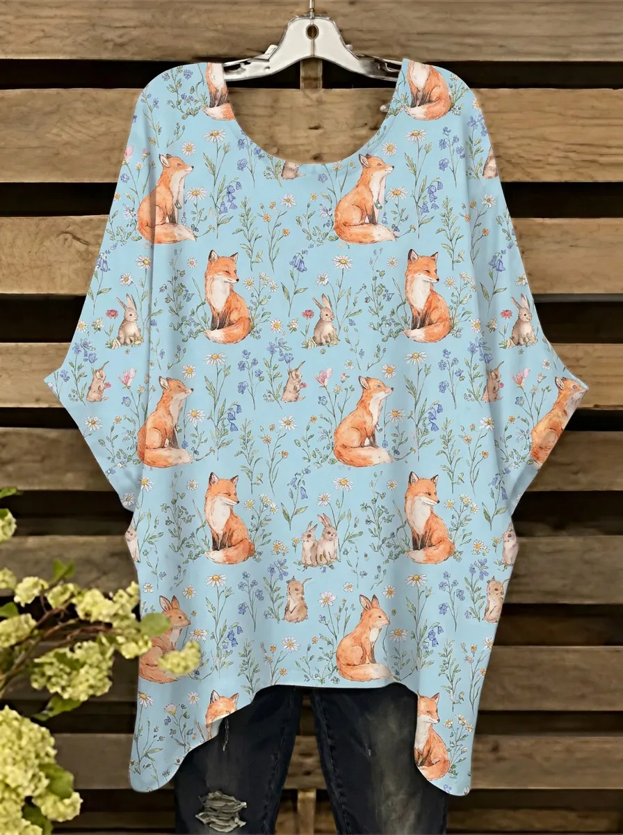 Fox Floral Woodland Women's Loose Printed T-Shirt