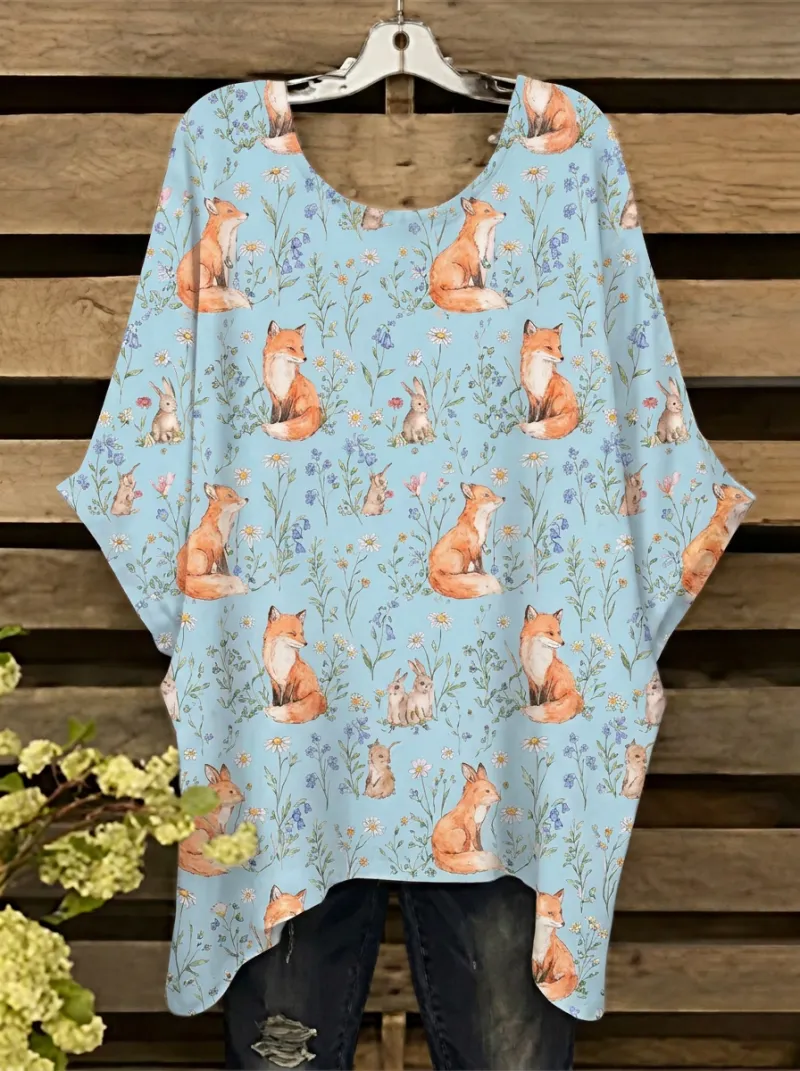 Fox Floral Woodland Women's Loose Printed T-Shirt