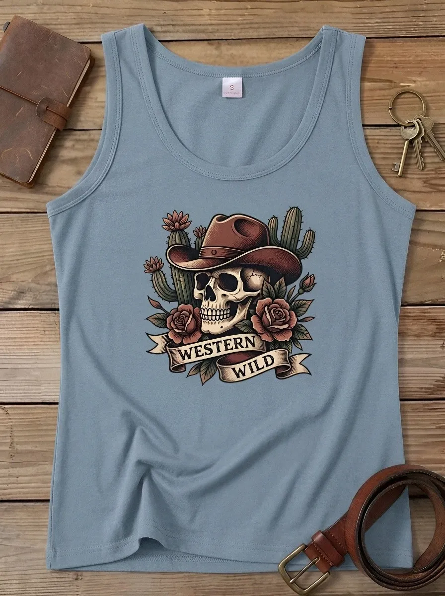 Unisex Western Wild Cowboy Skull Cactus Rose Printed Tank Top
