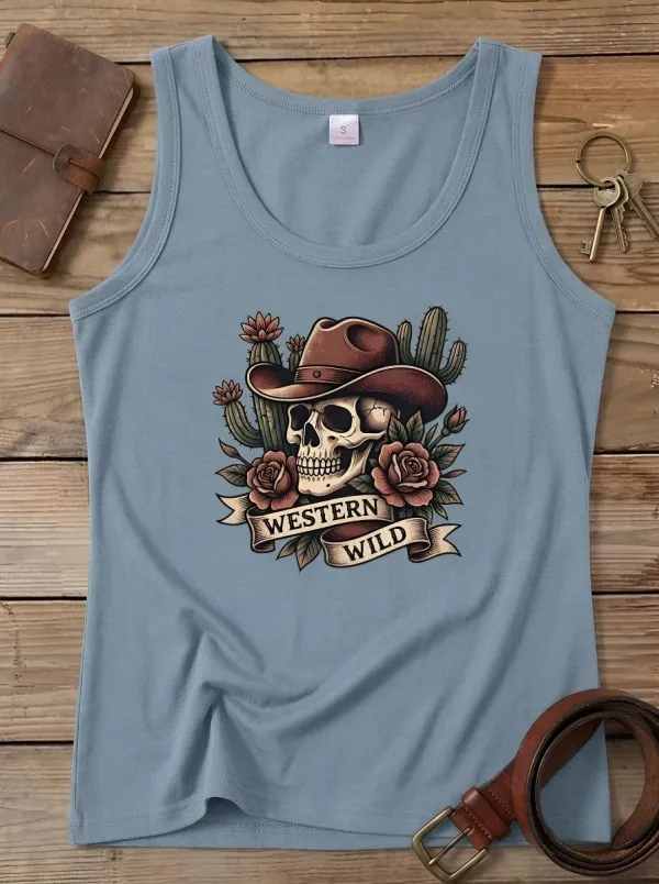 Unisex Western Wild Cowboy Skull Cactus Rose Printed Tank Top