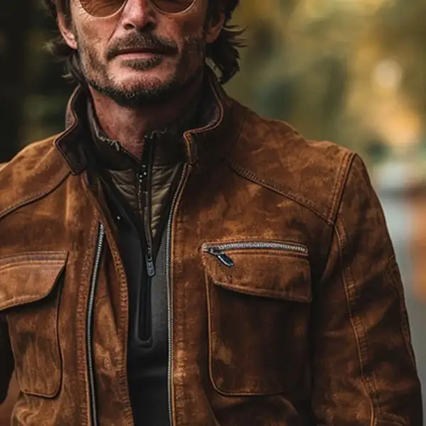 Band Collar Utility Suede Jacket