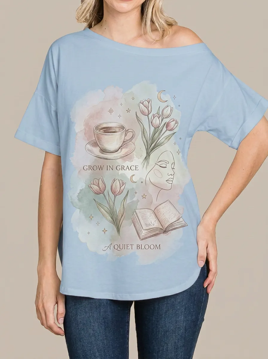 Women's Coffee Tulip Book Aesthetic Printed T-shirt