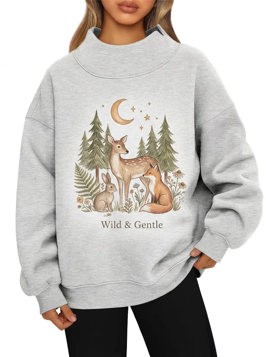 Women's Nature Lover Forest Animal Deer Fox Rabbit Printed Sweatshirt