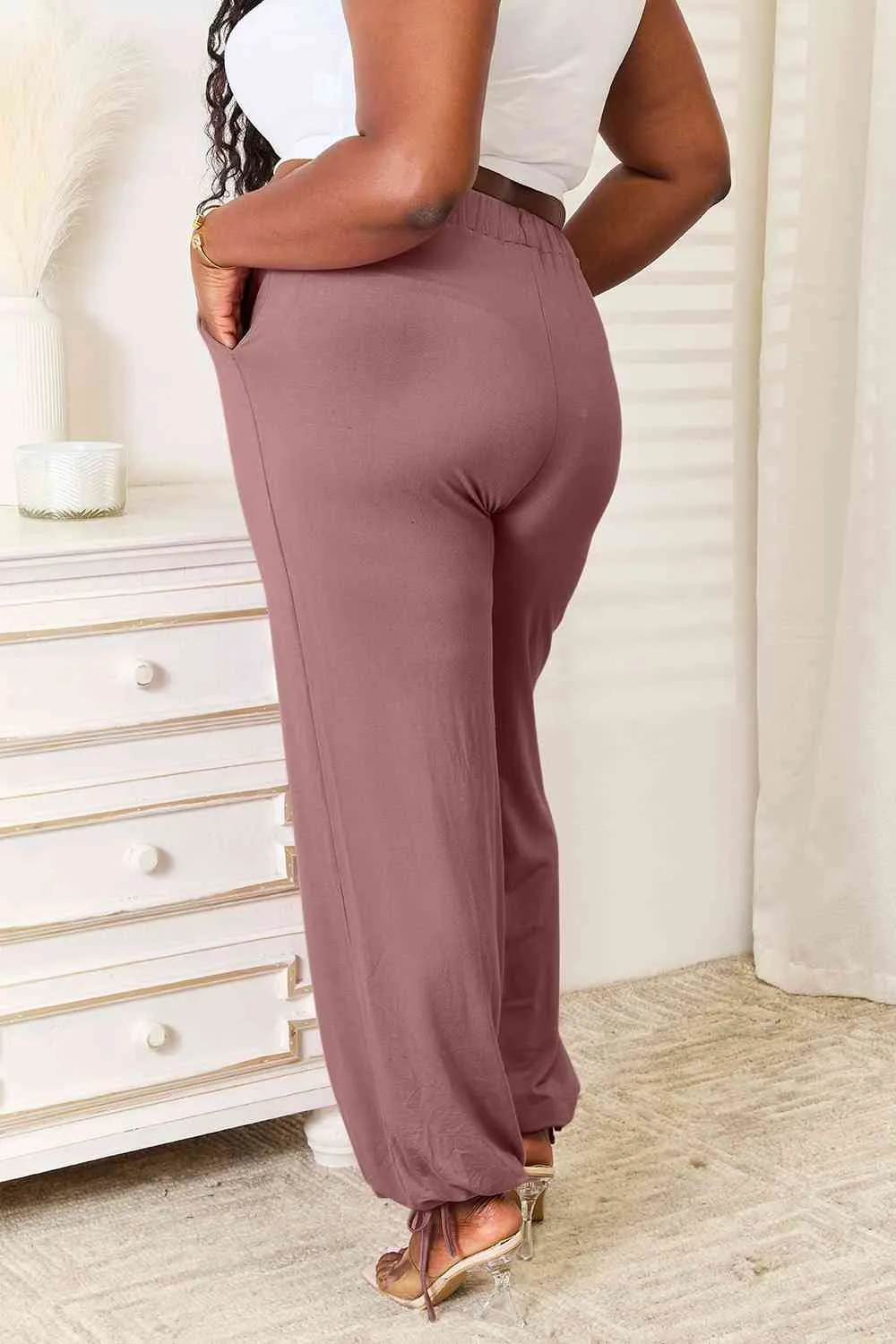 Full Size Soft Rayon Drawstring Waist Pants With Pocket