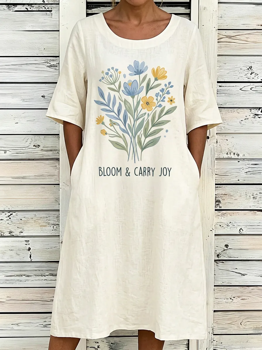 Floral Bloom And Carry Joy Quote Linen Dress