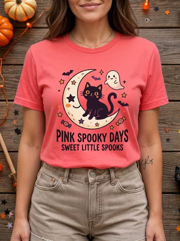 Cute-Spooky Ghost Moon Halloween Graphic T-Shirt