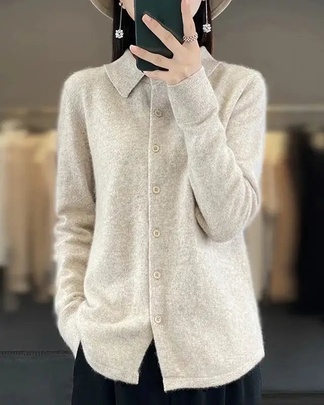 Mink-Cashmere Cashmere Button-Front Polo-Collar Cardigan