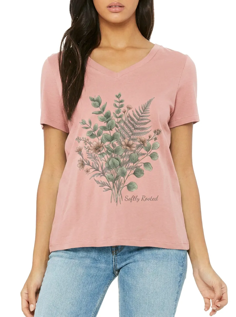 Women's Softly Rooted Botanical Flower Fern Printed V-neck T-shirt