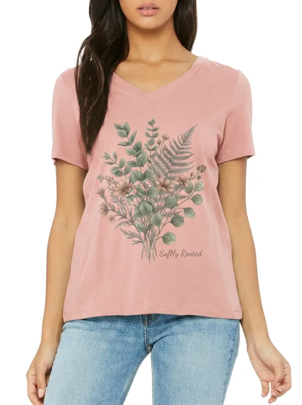 Women's Softly Rooted Botanical Flower Fern Printed V-neck T-shirt
