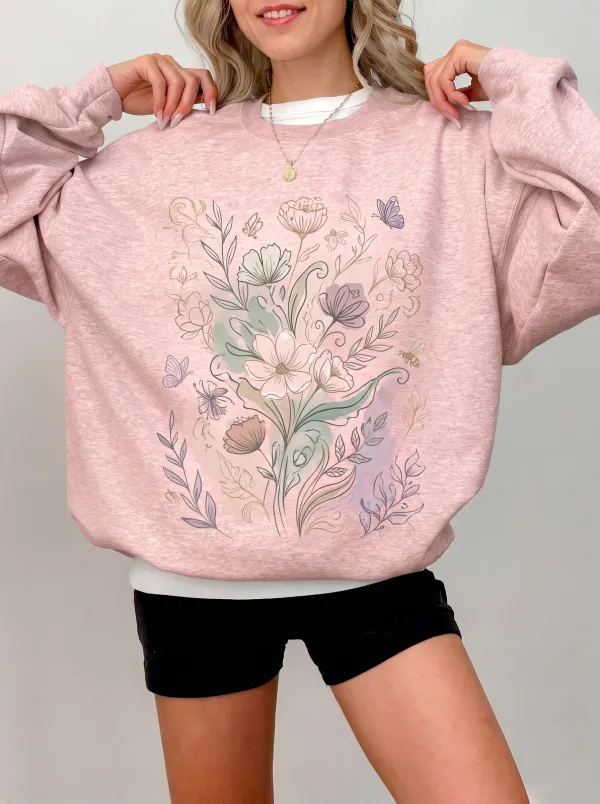 Women's Botanical Nature Lover Floral Butterfly Printed Sweatshirt
