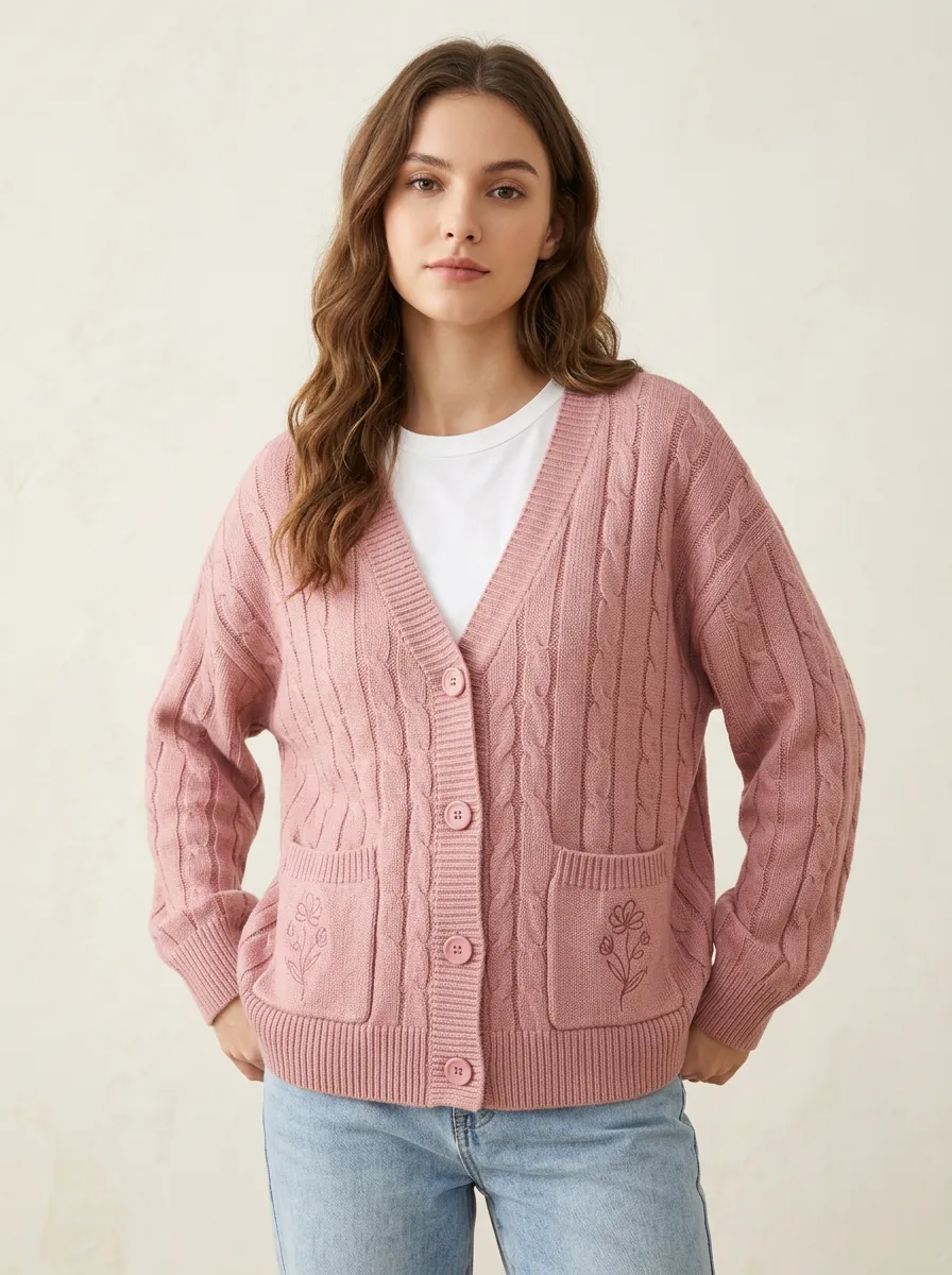 Women's Floral Lover Pink Cable Knit Embroidered Cardigan
