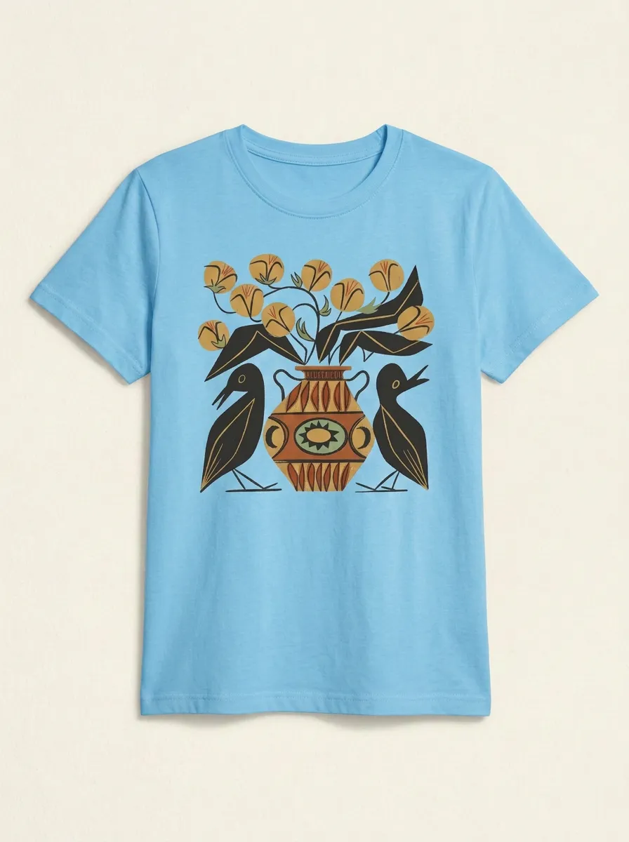 Unisex Folk Art Bird And Floral Vase T-Shirt