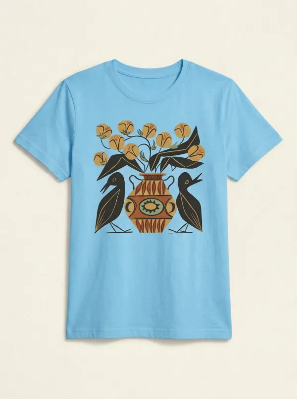 Unisex Folk Art Bird And Floral Vase T-Shirt
