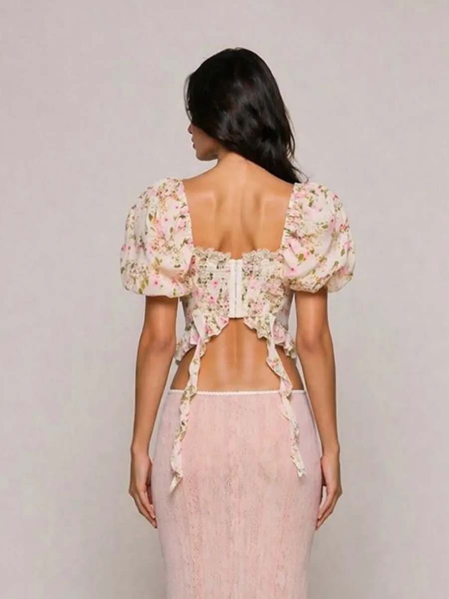 Iliana French-Style Floral Chiffon Top with Square Neckline and Tie Detail