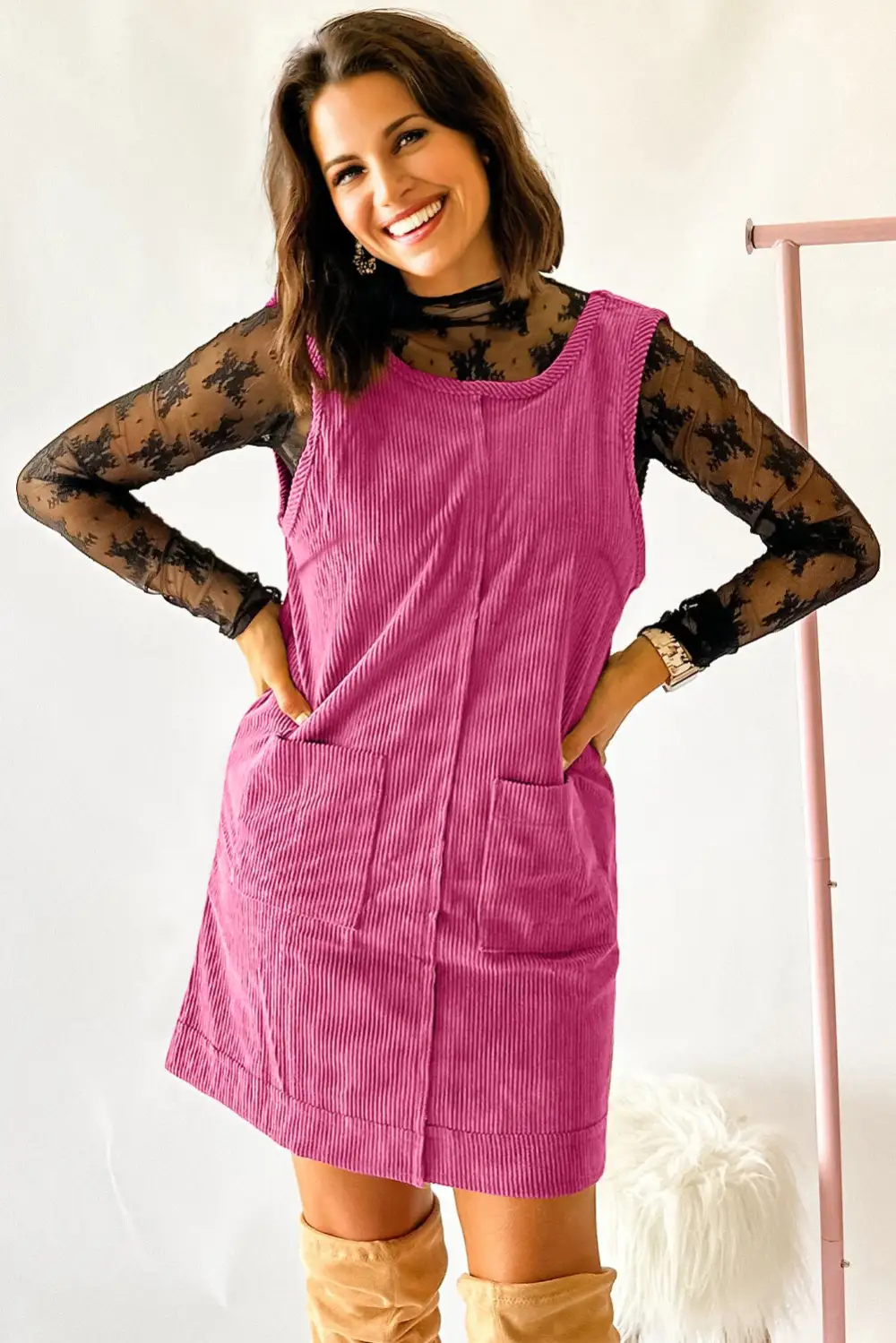 Corduroy Sleeveless Mini Dress With Patched Pockets