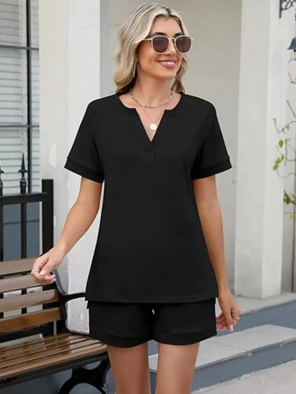 Short Sleeve Top Shorts Two Piece Set