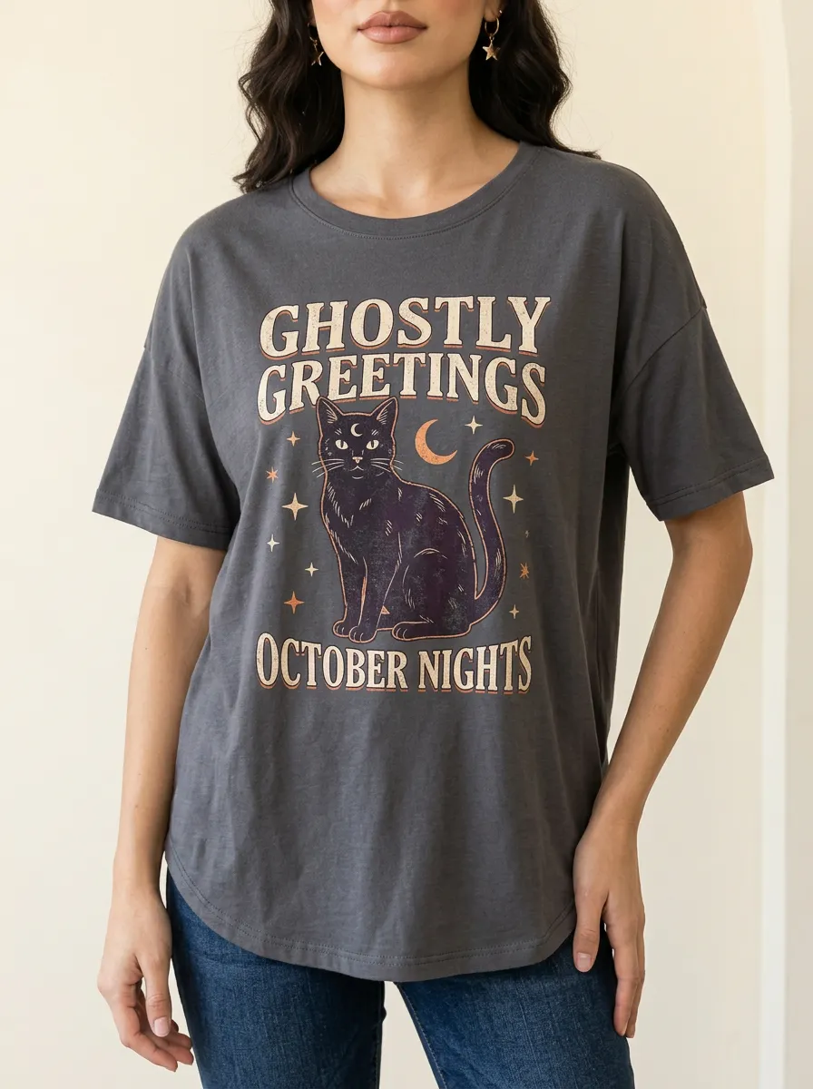 Women's Halloween Black Cat Moon Stars Printed T-shirt