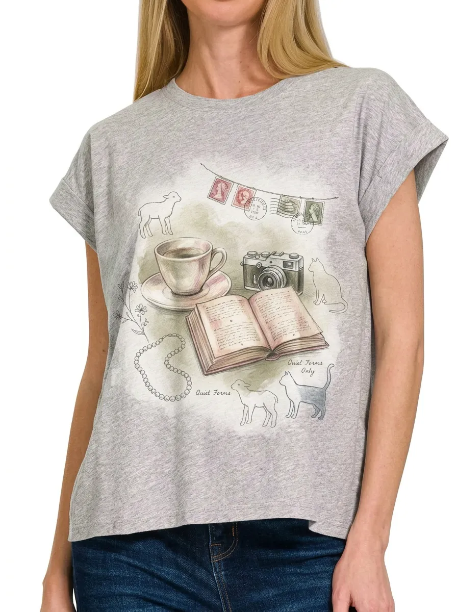 Women's Vintage Aesthetic Book Coffee Camera Printed T-shirt