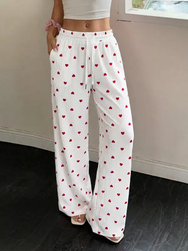 Heart Print Drawstring Waist Wide Leg Pants