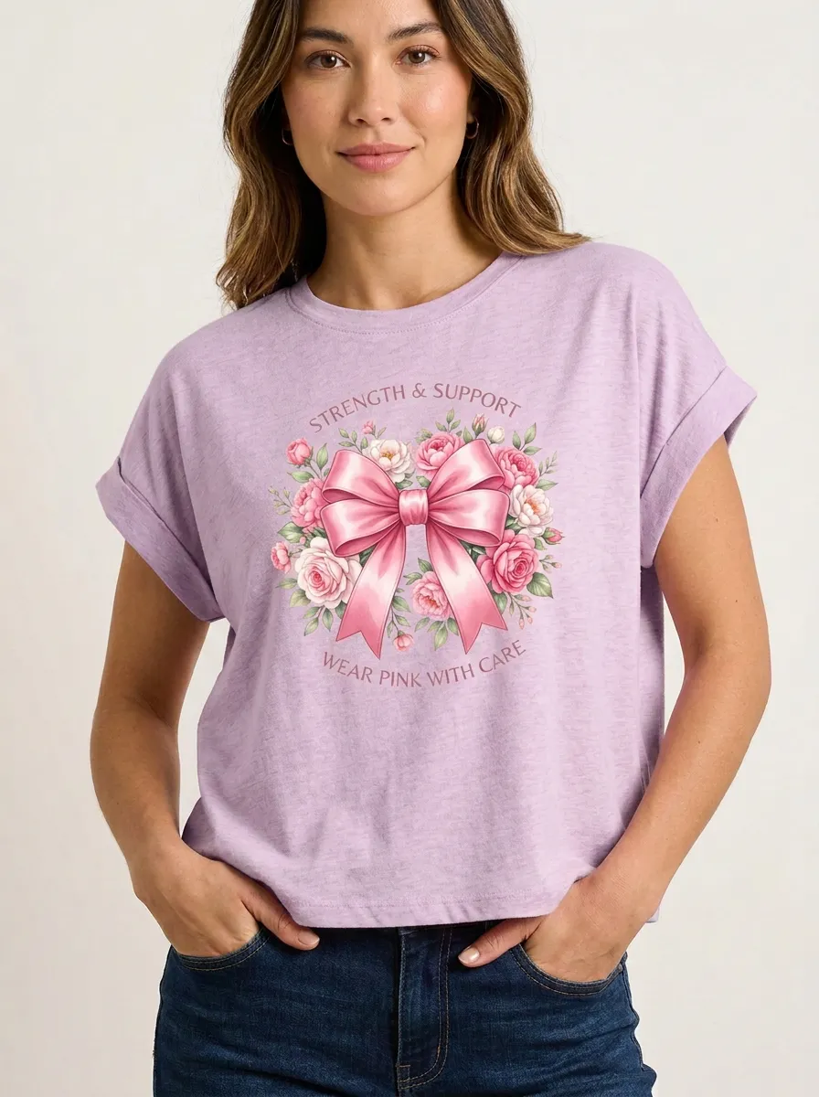 Women's Breast Cancer Awareness Pink Ribbon Floral Printed T-shirt