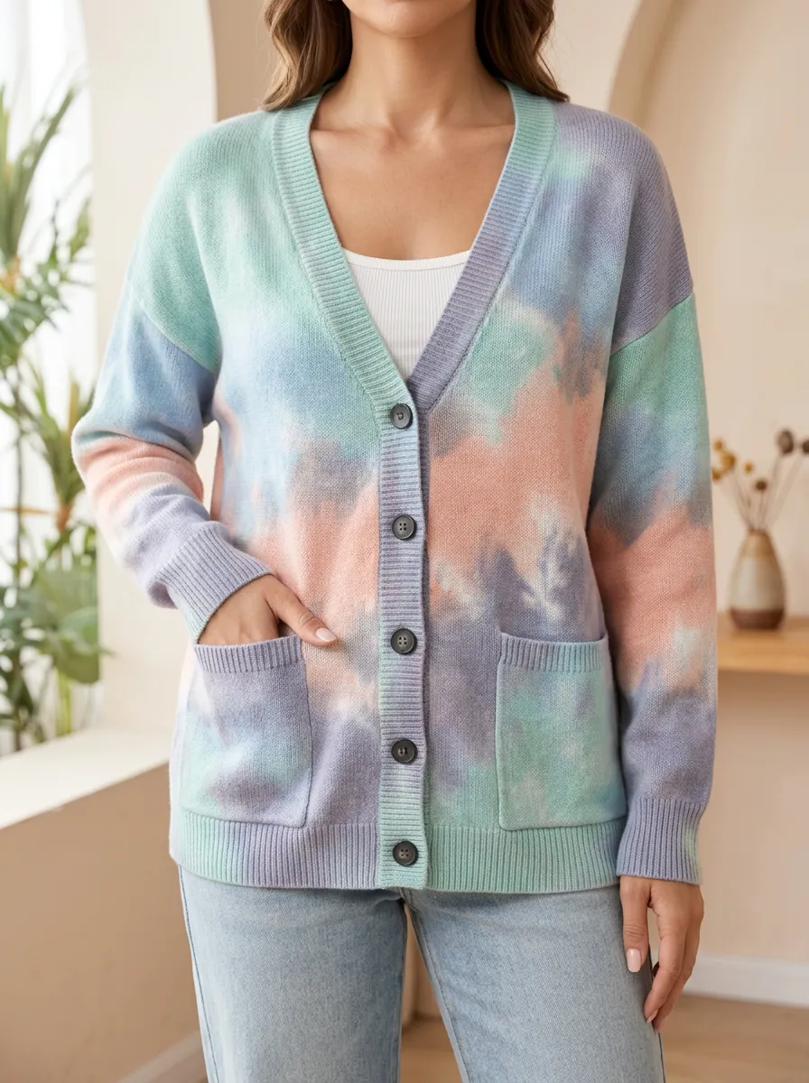 Women's Pastel Tie-Dye Pattern Printed Patch Pocket Everyday Layering Cardigan