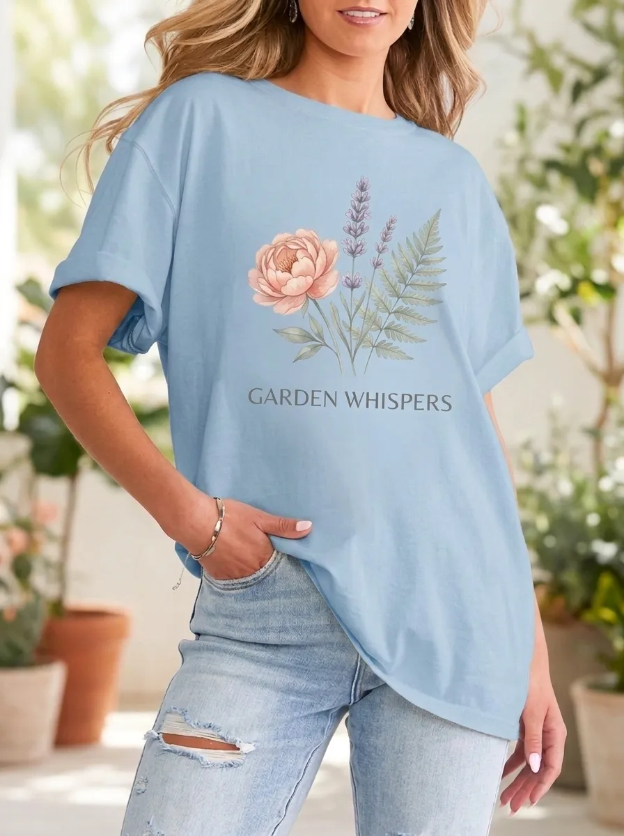 Women's Garden Whispers Peony Lavender Fern Printed T-shirt