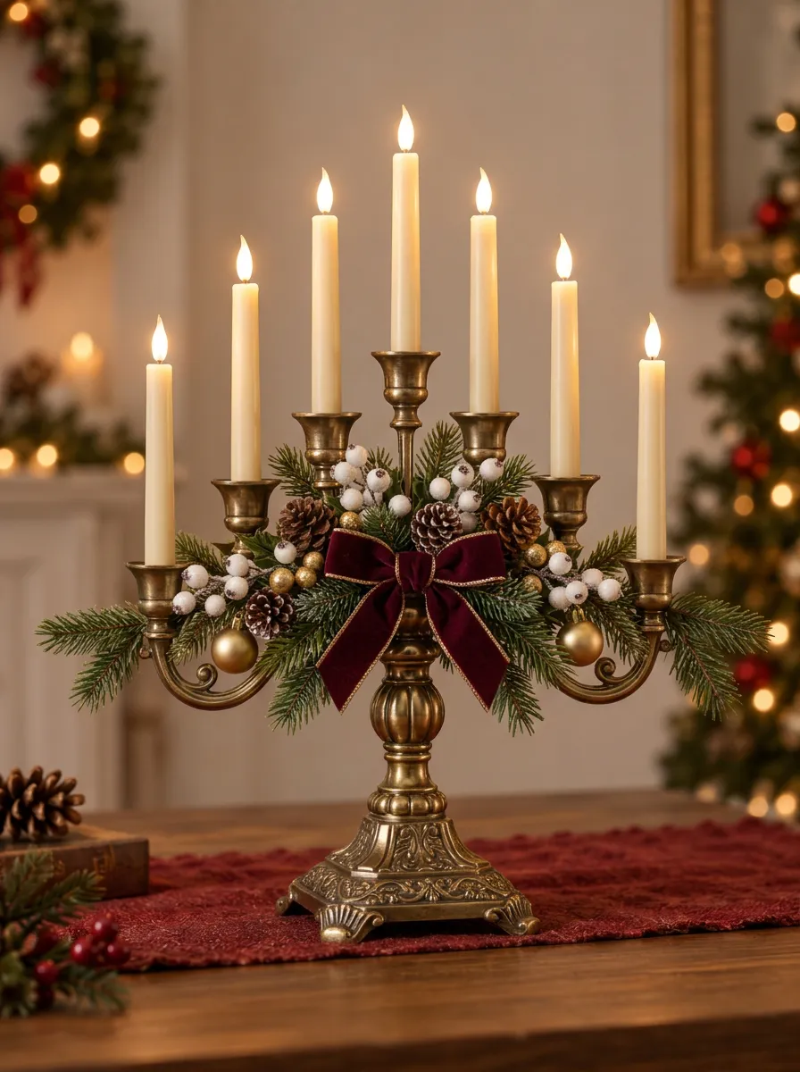 Seasonal Pinecone Berry Velvet Candelabra