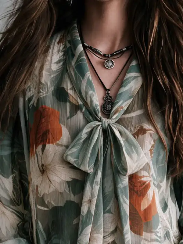 Boho Green Botanical Print V Neck Bow Tie Shirt Flared Cuff Loose Fit Chiffon Blouse