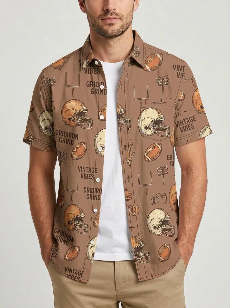 Men's Football Lover Gridiron Grind Helmet Printed Button-up Shirt