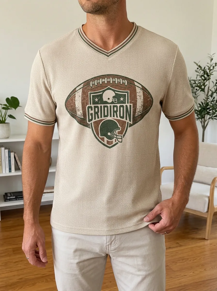 Men's American Football Gridiron Helmet Printed Waffle V-Neck Top